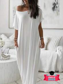 Women's Solid Color Batwing Sleeve Lounge Dress, Casual Elegant Comfy Short Sleeve Baggy Nightdress Daily Wear, Ladies Sleepwear All Seasons, Womenswear, Night Gown Women Loungewear Comfort - Grey - View 3