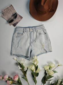 Shorts Denim Elásticos de Estilo de Rua para Mulheres, Adequados para Primavera/Verão, Férias e Festivais Casuais - Lavagem clara - Visão 5