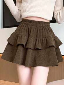 高腰蓬松迷你裙，显瘦A字百褶蛋糕裙，初秋时尚 - 咖啡色 - 查看 3