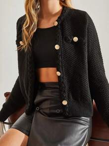 BIANCO LUCCI 女士优雅休闲粗花呢夹克圆领长袖缀饰外套教师装 - 黑色 - 查看 1