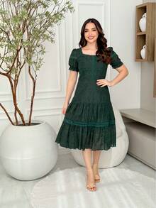 Lese 100% Cotton Midi Dress Square Neckline Beautiful Women's Short Sleeve Formal Lined Elegant Casual - 軍綠色 - 查看 4