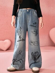 ASK JUNIOR 女童花卉印花阔腿牛仔裤 - 藍色 - 查看 6