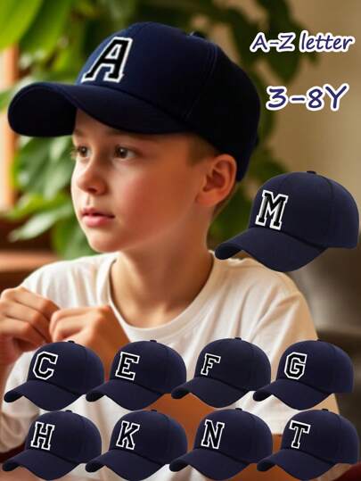 1 pieza Gorra de béisbol azul marino con letra del alfabeto A-Z para niños y niñas, visera deportiva con cierre ajustable, gorra snapback para volver a la escuela