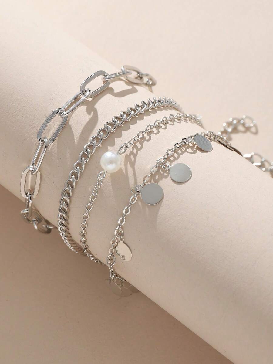 4 件套法式休闲时尚优雅链条手链，配圆形和人造珍珠吊坠，适合女性日常、派对佩戴 - 復古銀色 - 查看 1