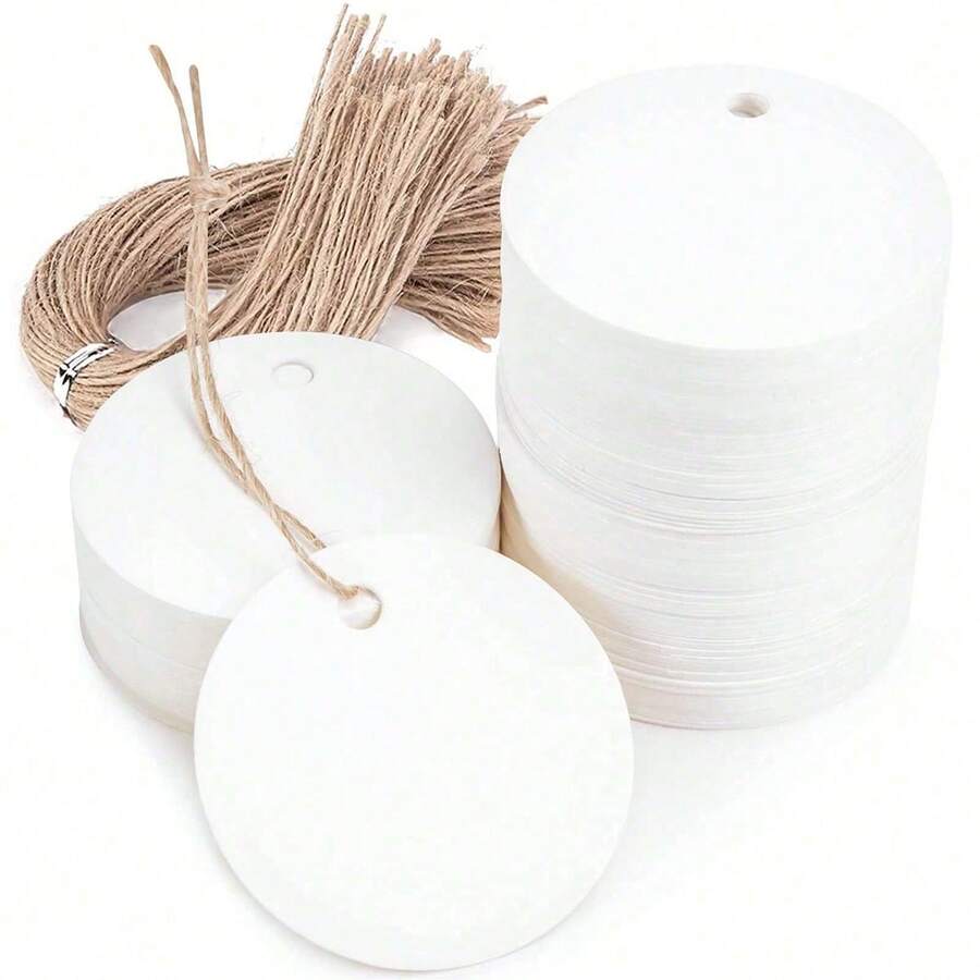10-300 piezas Etiquetas de regalo redondas blancas, etiquetas de regalo de papel kraft con cuerda, etiquetas colgantes en blanco para envolver regalos, proyectos de manualidades, recuerdos de boda - Blanco - Ver 1