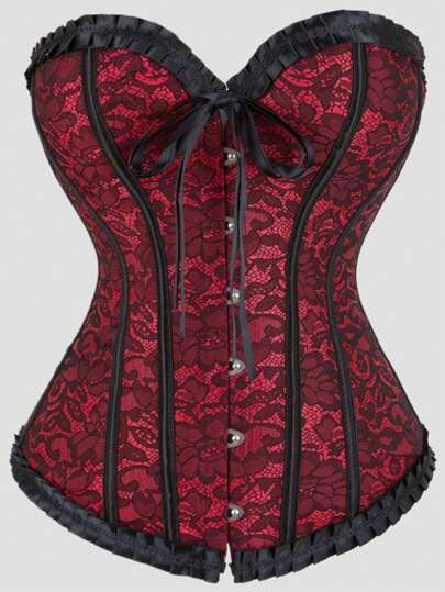 Vintage Jacquard Corset With Ruffled Trim Women Sexy Lace Up Overbust Bustier Tops Corset Top, Suitable For All Kinds Of Parties, Evening Parties, Performance Costumes, Festivals