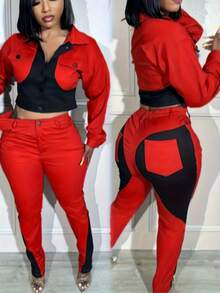 Women's Casual Colorblock Long Sleeve Jacket And Long Pants Two-Piece Set With Pockets And Zipper In Woven Fabric - Đỏ - Xem 2