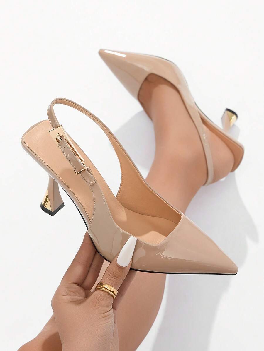 Giày cao gót mũi nhọn nữ có khóa kim loại, màu trơn, thoải mái, đa năng cho trang phục trang trọng, thường ngày hoặc công sở, thích hợp cho mùa thu/đông, chất liệu PU, màu mơ, thanh lịch, giày cao gót nữ, thanh lịch