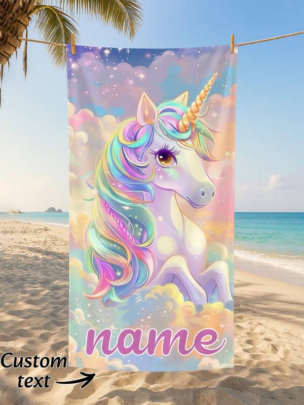 1pc Customizable Unicorn Beach Towel - Super Soft, Quick-Dry, Sand-Proof, Personalized Name Option, Vibrant Rainbow Mane & Stars Design, Perfect For Travel, Beach, And Pool Days, Personalized Gift | Fantasy Beach Gear, Beach Accessories