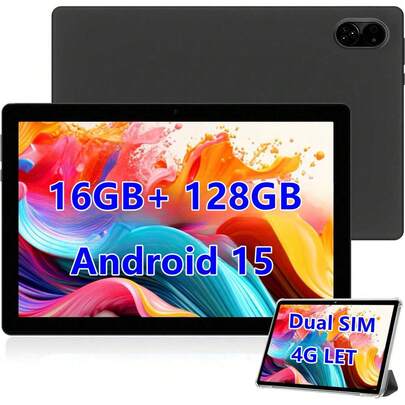 TenYide 10.1英寸平板电脑，128GB存储空间，16GB（8GB+8GB可扩展）内存，双SIM卡槽，支持最高1TB存储扩展（不含TF卡），FHD IPS触摸屏，5MP+8MP双摄像头，WiFi，Type-C接口（不含适配器）