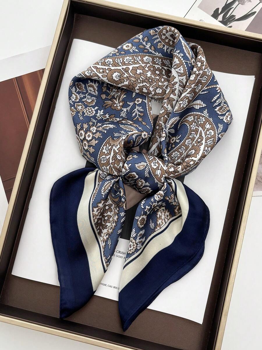 1pc Women Bandana Ch/ Faux Silk Floral Print Square Scarf, Women's Fashion Multifunctional Headband, Neck Scarf, Headtie - Multicolor - View 1