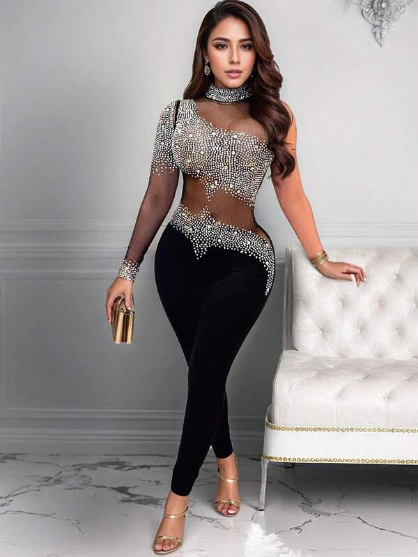 Mono elegante de mujer con escote halter transparente decorado con rhinestones, adecuado para fiesta/boda/banquete