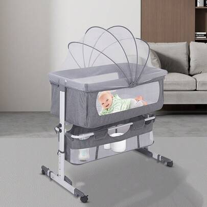 Culla Cododo 2 in 1 con zanzariera e materasso, letto laterale per neonati 0-3 anni, altezza regolabile in 3 posizioni 70-87 cm