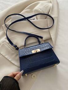 Bolso cuadrado de mano de moda mini unicolor de PU con solapa - Azul Marino - Ver 2
