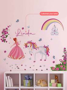 1 件 30*120 厘米玫瑰花束公主白马城堡墙贴，花卉仙女贴花，适用于儿童房、公主房、托儿所，可移除且自粘