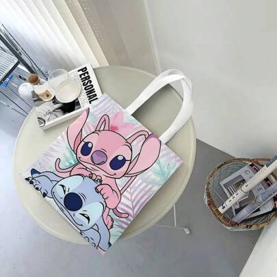 Disney 1 pieza Bolso de mano Disney Stitch & Angel - Bolso unicolor de moda para mujer con estampado de dibujos animados lindos y duraderos, diseño abierto para uso casual diario, tela lavable de alta calidad, adecuado para el uso diario
