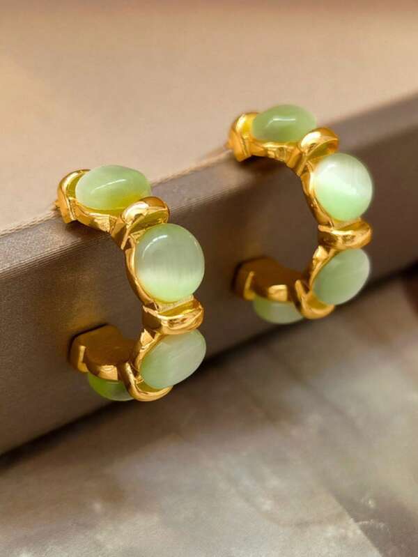 1 Pair Unique Fresh Green Cat's Eye Stone C Shape Earrings, Suitable For Women Daily, Festival And Party Wear