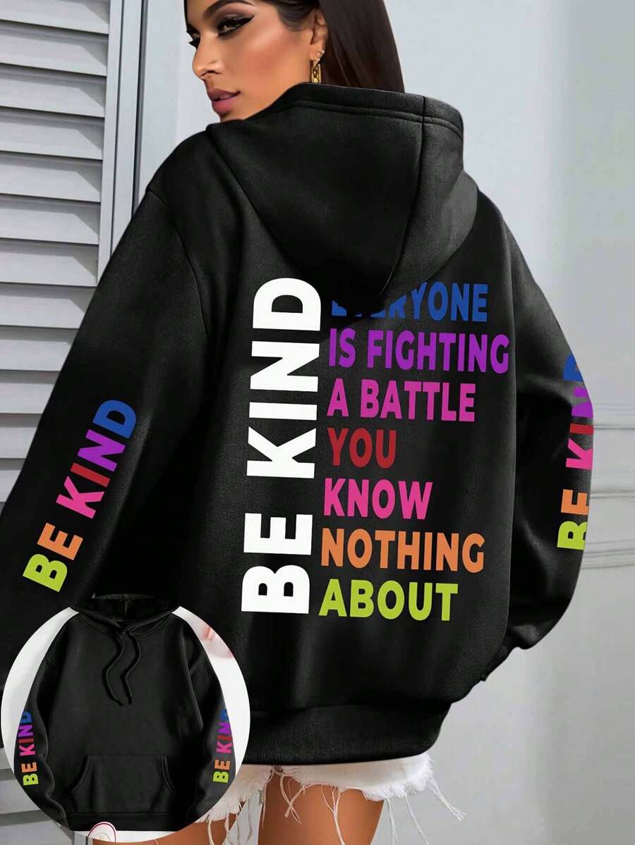 Plus Size Women's Casual Letter Pattern Sweatshirt, Suitable For Autumn/Winter, Available In Full Size Range Black Spring - Black - View 1
