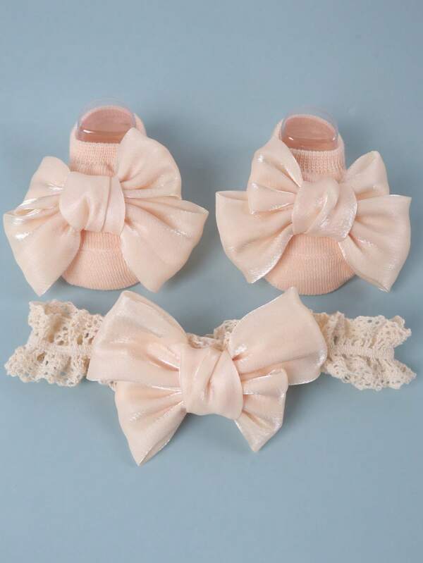 طقم جوارب وشريط رأس للأطفال 3 قطع، إكسسوارات شريط رأس للرضع والأطفال الحديثي الولادة بنمط كوري كرتوني