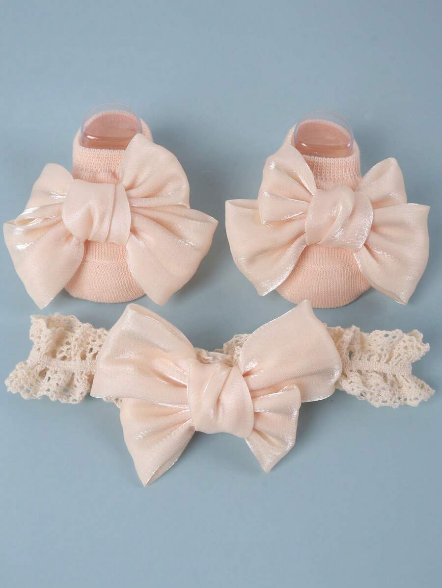 طقم جوارب وشريط رأس للأطفال 3 قطع، إكسسوارات شريط رأس للرضع والأطفال الحديثي الولادة بنمط كوري كرتوني