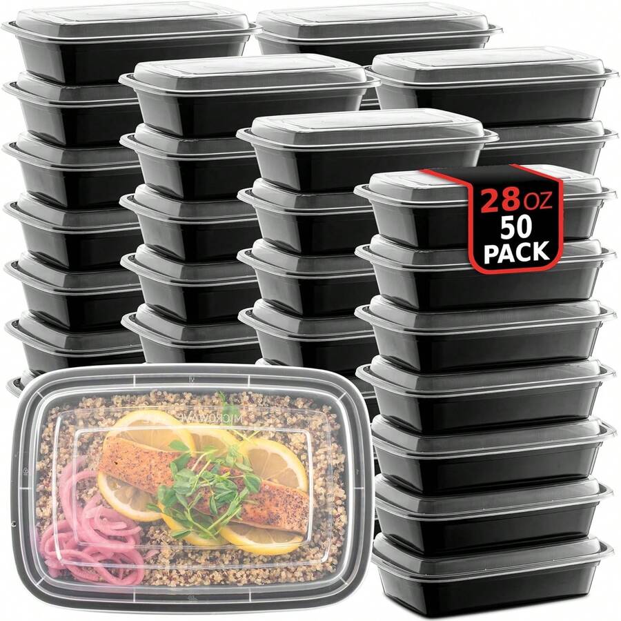 50-Pack Reusable Meal Prep Containers Microwave Safe Food Storage Containers With Lids, 28 Oz - 1 Compartment Take Out Disposable Plastic Bento Lunch Box To Go, Dishwasher & Freezer Safe - 28oz-50Pack Đen - Xem 1