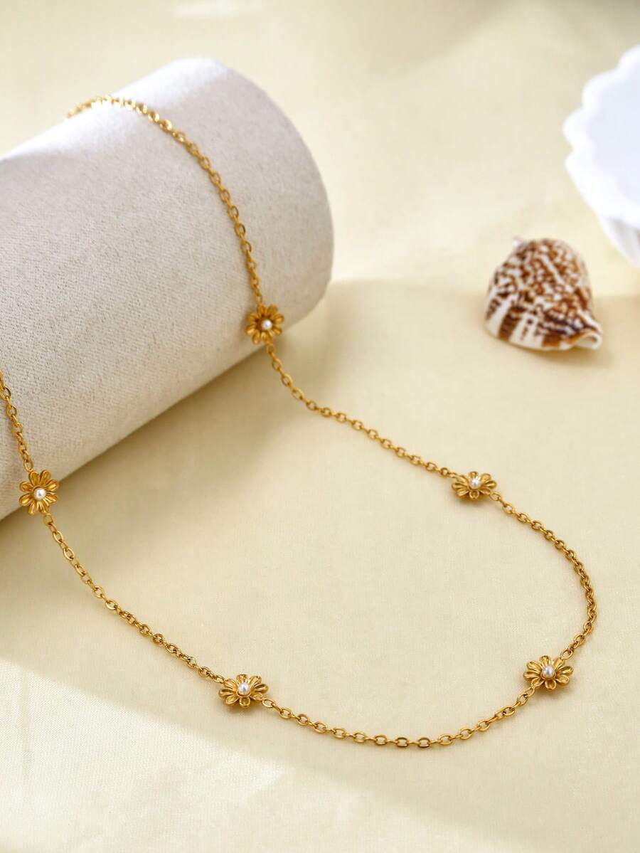 TONSI 1 chiếc dây chuyền mặt dây chuyền hình hoa cúc bằng thép không gỉ mạ vàng 18K, sang trọng, quyến rũ, cổ điển, tối giản, thời trang, retro cao cấp, phù hợp cho mùa hè, kỳ nghỉ, du lịch, công sở, mặc hàng ngày, tiệc tùng, tụ họp dành cho phụ nữ. - Vàng - Xem 1