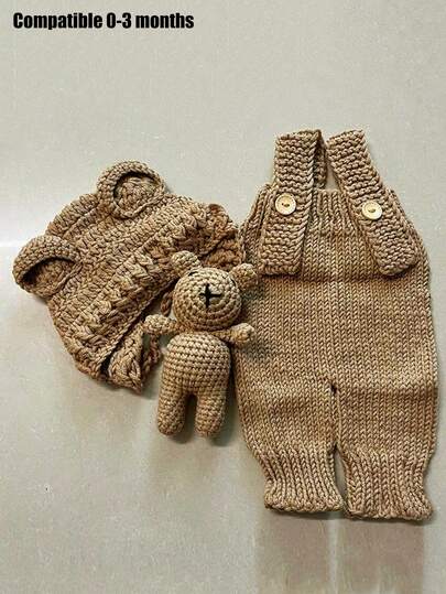 Ropa de fotografía para recién nacidos, traje de tirantes tejido a mano y gorro con orejas de oso para decorar como muñecas de oso de peluche