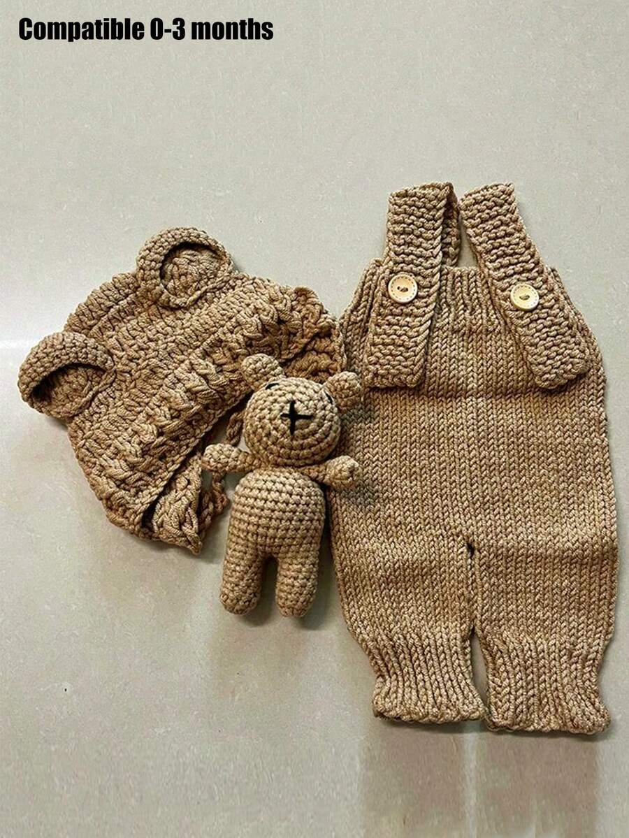 Newborn Photography Clothing Hand-Knitted Suspender Jumpsuit Costumes And Bear Ear Hat Teddy Bear Dolls Decor Outfits - 彩色 - 查看 1