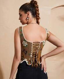 Womens Vintage 1920s Renaissance Lace Trim Corset Bustier, Retro Fashion - Kupu-kupu Coklat - View 3