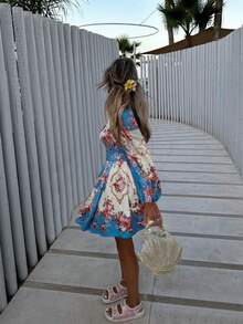 Váy dài vừa phải, cổ tròn, tay lỡ, phong cách Bohemian, cổ điển, thanh lịch, buộc dây, chất lượng cao cho nữ mùa xuân và mùa hè - Màu xanh lam - Xem 5