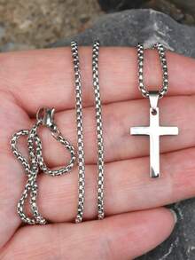 1 件 60 厘米时尚简约不锈钢十字架吊坠项链，防水、防褪色，适合日常和派对佩戴 - 銀色 - 查看 3