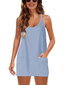 Women's Summer Sleeveless Mini Dress With Built-In Shorts - 氧藍 - 查看 9