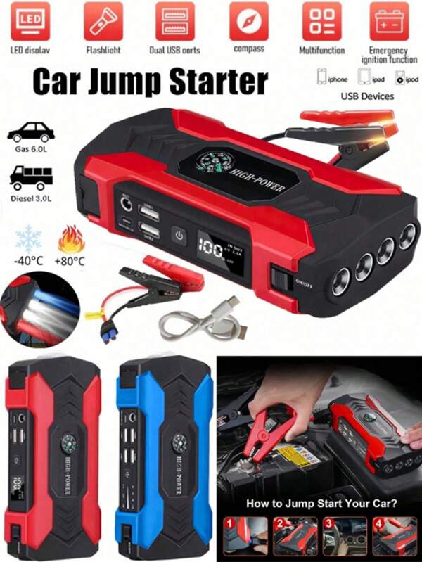 Car Jump Starter - LED Flashlight And Car Battery Charger - Emergency LED Light - For Cars, Motorcycles, Trucks, SUVs - Perfect Gift For Car Owners And Emergency Preparedness - Roadside Assistance
