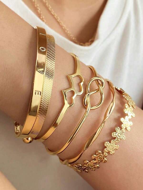 6pcs/Set Double Heart Love Letter Flower Open Bangle For Women, Daily Wear & Party Gift, Gold Color