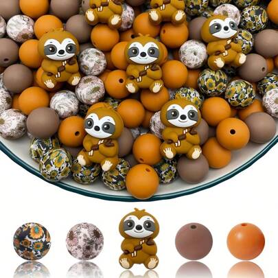 25pcs Sloth Print Silicone Beads For DIY Crafts - Adorable Brown Sloth Design With Speckled Patterns, Perfect For Keychains, Bracelets, Necklaces & Party Decorations, Cartoon Silicone Beads