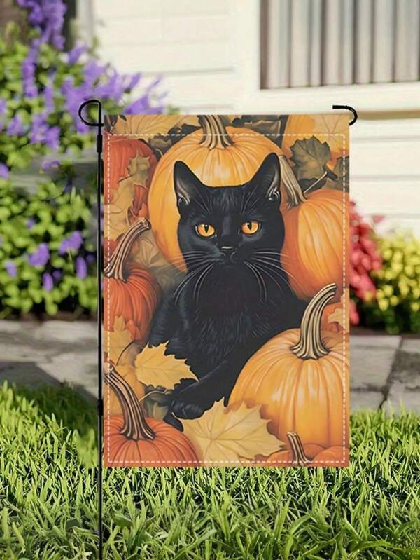 1 bandeira de jardim feliz de outono - com gato preto, abóbora e design de folha de outono, uma decoração de banner com uma forte atmosfera de outono, 30 x 45 cm, material de linho dupla face, decoração externa, à prova d'água, muito adequada para pátios de fazenda de outono, decoração de Ação de Graças, decoração de feriado sazonal, adequada para varanda, pátio, decoração de quintal, mastro de bandeira não incluído