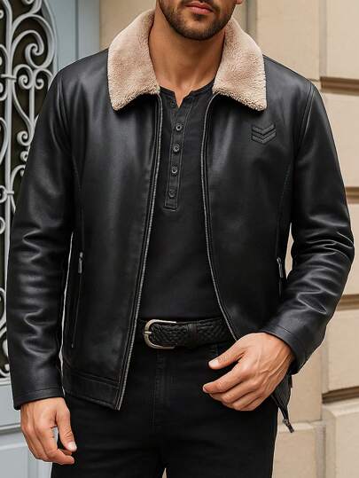 Męska kurtka ze skóry PU na jesień/zimę z futrzanym kołnierzem, gruba kurtka motocyklowa z podszewką termiczną, polar
