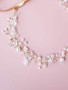 1pc Resin Flower Faux Pearl Crystal Beaded Tie-Up Cute Headband, Suitable For Bridal Wedding And Daily Hair Accessory - Gold - View 4