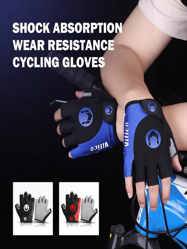 Vilico 1 par de luvas de ciclismo para atividades ao ar livre, pretas, azuis e vermelhas, para homens, ciclismo de estrada, esportes, absorção de choque, meio dedo, fitness feminino, respirável, proteção solar, academia, dedos curtos