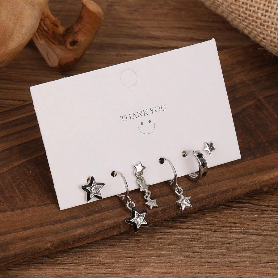 6 أزواج أقراط معدنية سوداء بتصميم نجمي وحلق أذن زركونيا، إكسسوارات حفلة عصرية للمرأة