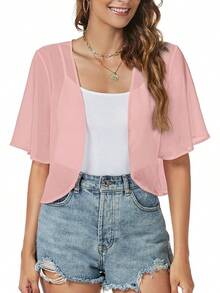 Women Shrug Chiffon Cardigans Open Front Short Sleeve Bolero Evening Dressy - Hồng - Xem 1