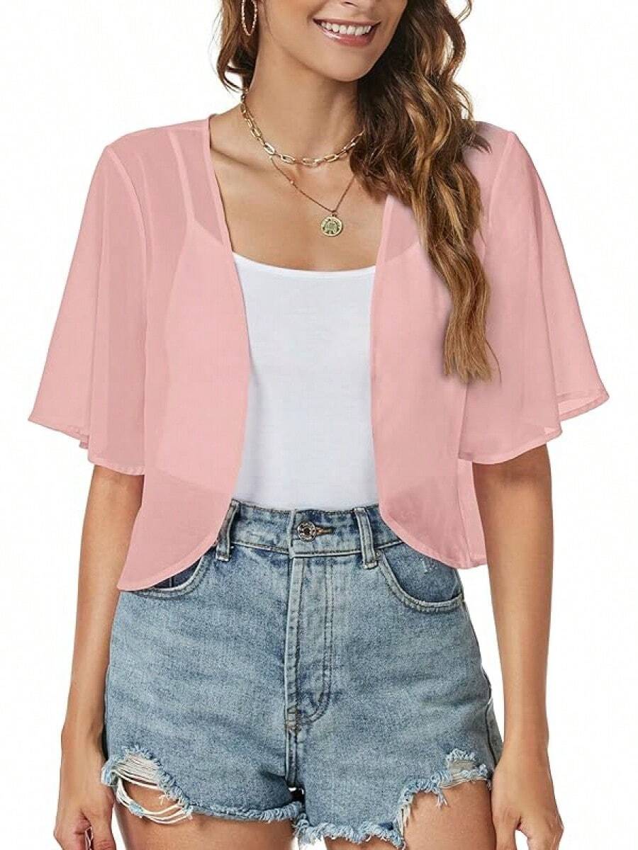 Women Shrug Chiffon Cardigans Open Front Short Sleeve Bolero Evening Dressy - Hồng - Xem 1