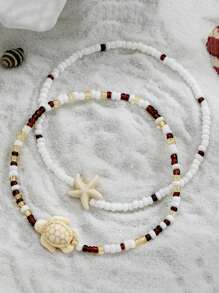 2pcs Boho Style Starfish & Turtle Beaded Anklet, Suitable For Daily Wear And Beach Vacation