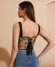 Womens Vintage 1920s Renaissance Lace Trim Corset Bustier, Retro Fashion - Bunga Hitam - View 3