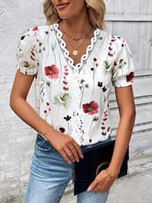 Plus Size Elegant Casual Floral Lace Ruffle Trim Blouse For Women, Spring/Summer - Red - View 3