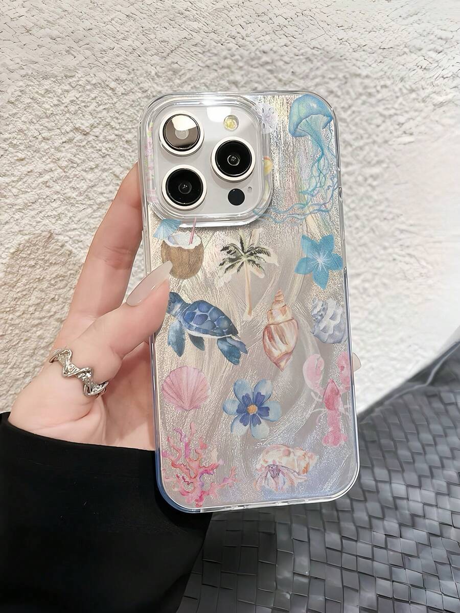 HANCAI Ocean 1pc Jellyfish & Seashell Pattern TPU Protective Phone Case, Compatible With Apple 16, 15, 14, 13, 12, 11 Pro Max Waterproof Shockproof Anti-Fall Scratch Resistant - Multicolor - View 1
