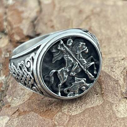 1 pieza Anillo personalizado de acero inoxidable con figura de jinete, banda de acero de titanio estilo vikingo celta nórdico, regalo para papá, compañero de trabajo, amigo
