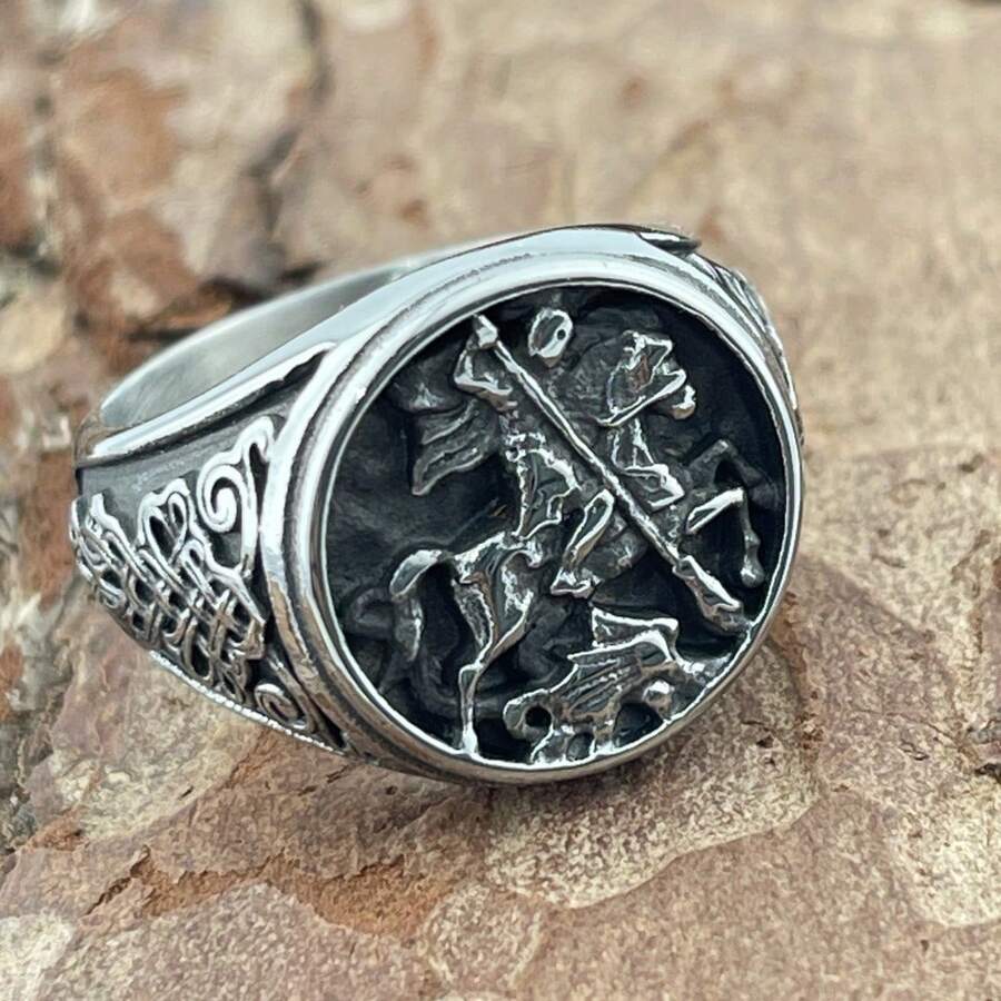 Steel Warrior New Stainless Steel Personalized Horse Riding Ring Hand Jewelry, Nordic Viking Celtic Knot Ring 1PC, US Size - Black - View 1