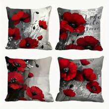 4pcs Pillowcase Set, Oil Painting Art, Large Red Peony And Other Decorative Patterns, Perfect Choice For Home And Outdoor Holiday Decoration, Single-Sided Printing, No Pillow Core