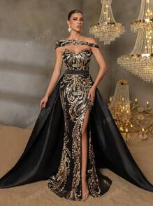 Faeriesty Faeriesty Gorgeous Beaded Sequin Evening Gown With Floral Beading Embroidery & Dramatic Slit Detail, Back Fluid Satin Overlay For High-End Parties, Black Tie Affairs & Urban Fashion Events